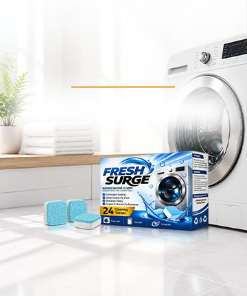 Fresh Surge cleaning detergent box and three blue cleaning cubes displayed in front of a white front-loading washing machine in a bright laundry room setting.