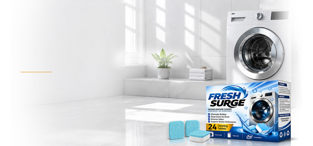 Fresh Surge laundry detergent pods and packaging box displayed in front of a bright, modern washing machine in a clean, sunlit laundry room setting.