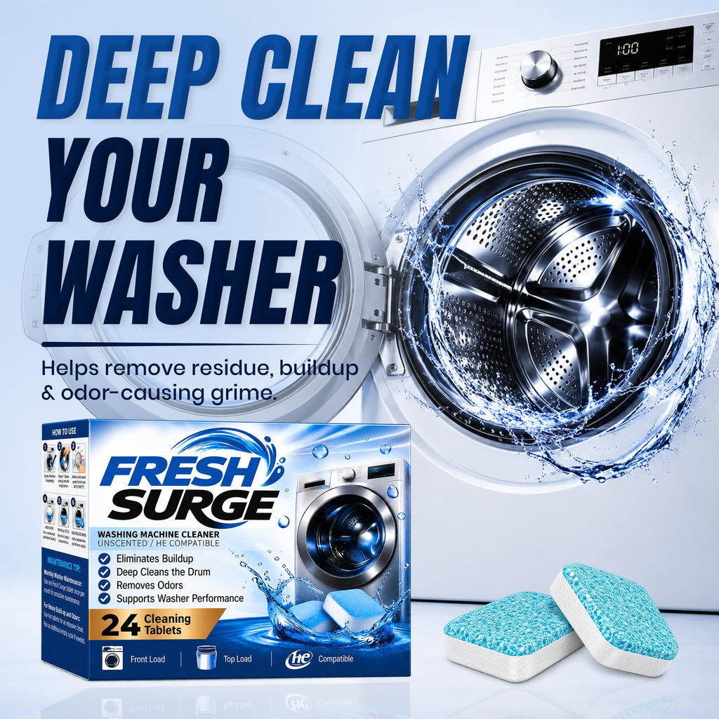 Fresh Surge washing machine cleaner package shown beside a front-loading washing machine with the door open, water splashing around it, with two blue cleaning tablets in front. Large text reads 'DEEP CLEAN YOUR WASHER' and the box says 'FRESH SURGE' and '24 Cleaning Tablets'.