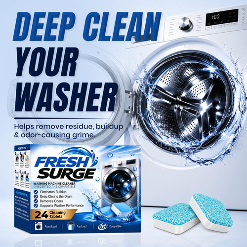 Fresh Surge washing machine cleaner package shown beside a front-loading washing machine with the door open, water splashing around it, with two blue cleaning tablets in front. Large text reads 'DEEP CLEAN YOUR WASHER' and the box says 'FRESH SURGE' and '24 Cleaning Tablets'.