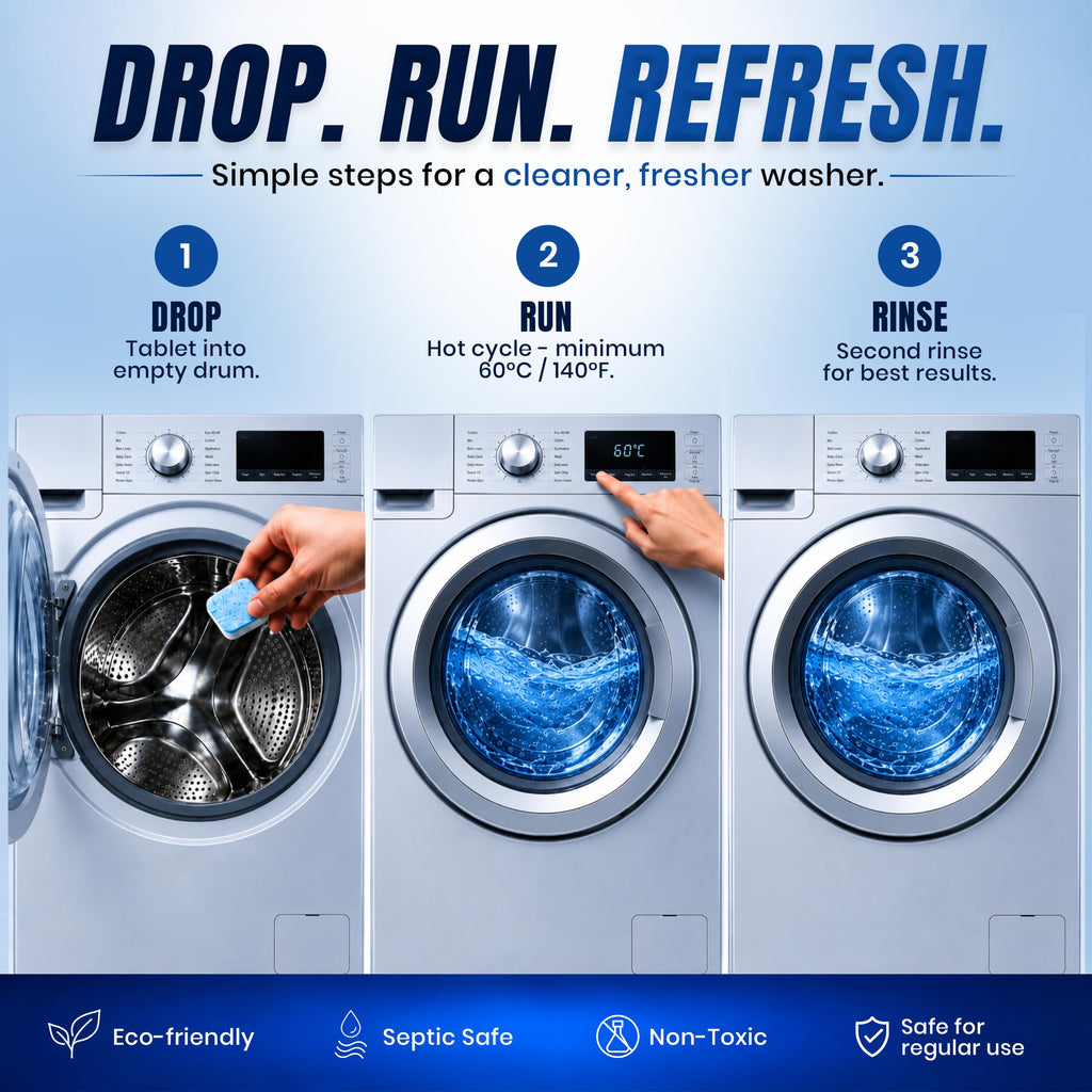 Instructional graphic for a laundry detergent tablet for washing machines, showing three steps: drop the tablet into an empty drum, run a hot cycle, and rinse. The graphic features three side-by-side images of a front-loading washing machine with a blue water cycle, set against a dark blue background with text reading 'DROP.