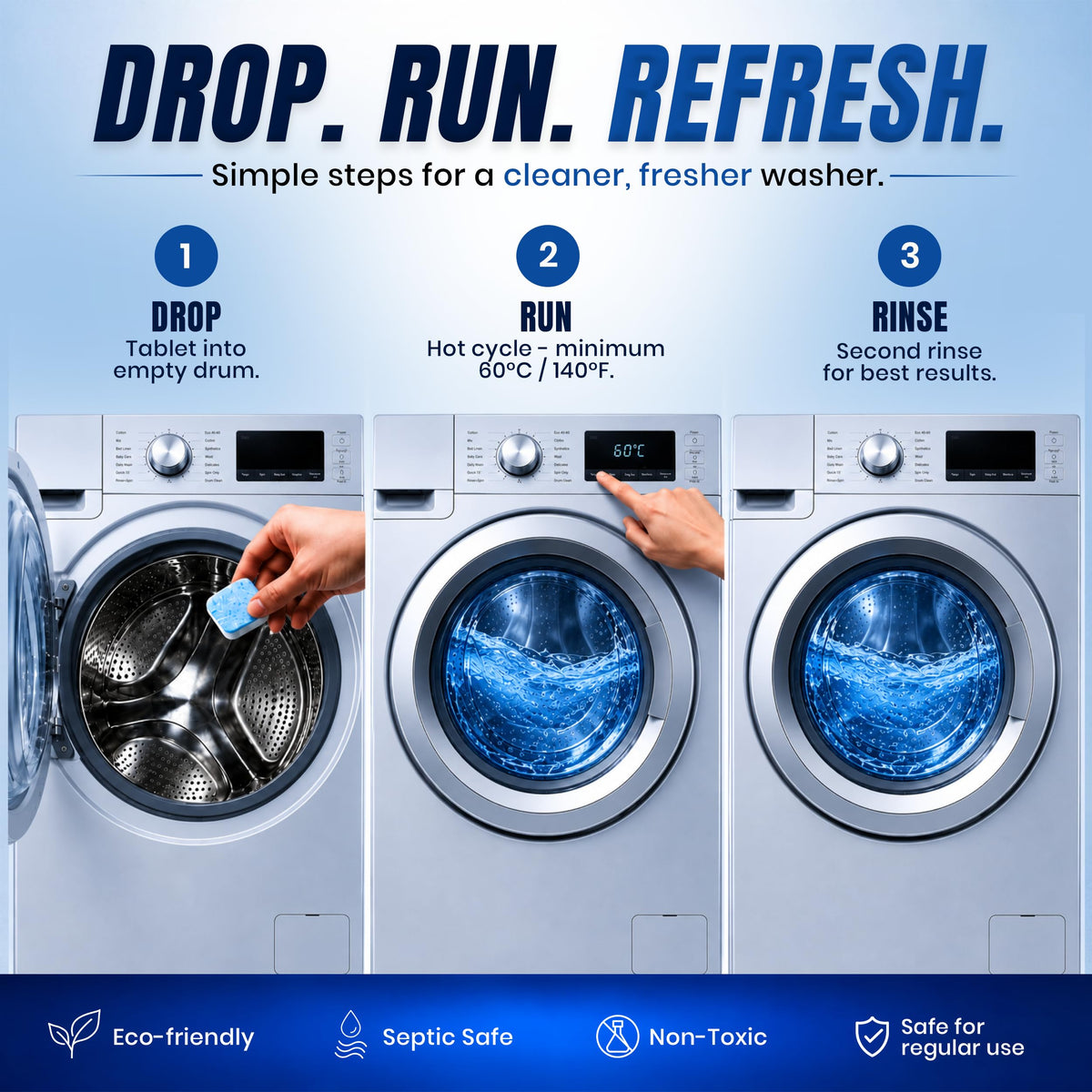 Instructional graphic for a laundry detergent tablet for washing machines, showing three steps: drop the tablet into an empty drum, run a hot cycle, and rinse. The graphic features three side-by-side images of a front-loading washing machine with a blue water cycle, set against a dark blue background with text reading 'DROP.