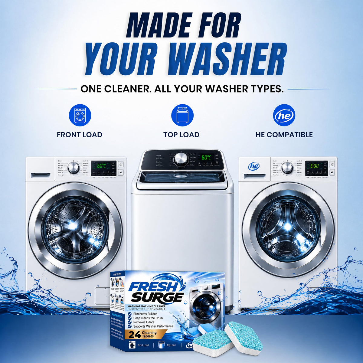 Fresh Surge laundry cleaner box and two blue detergent pods shown in front of a washing machine and dryer on a light blue background with water splash graphics. Text reads 'MADE FOR YOUR WASHER' and lists front load, top load, and HE compatible use cases.