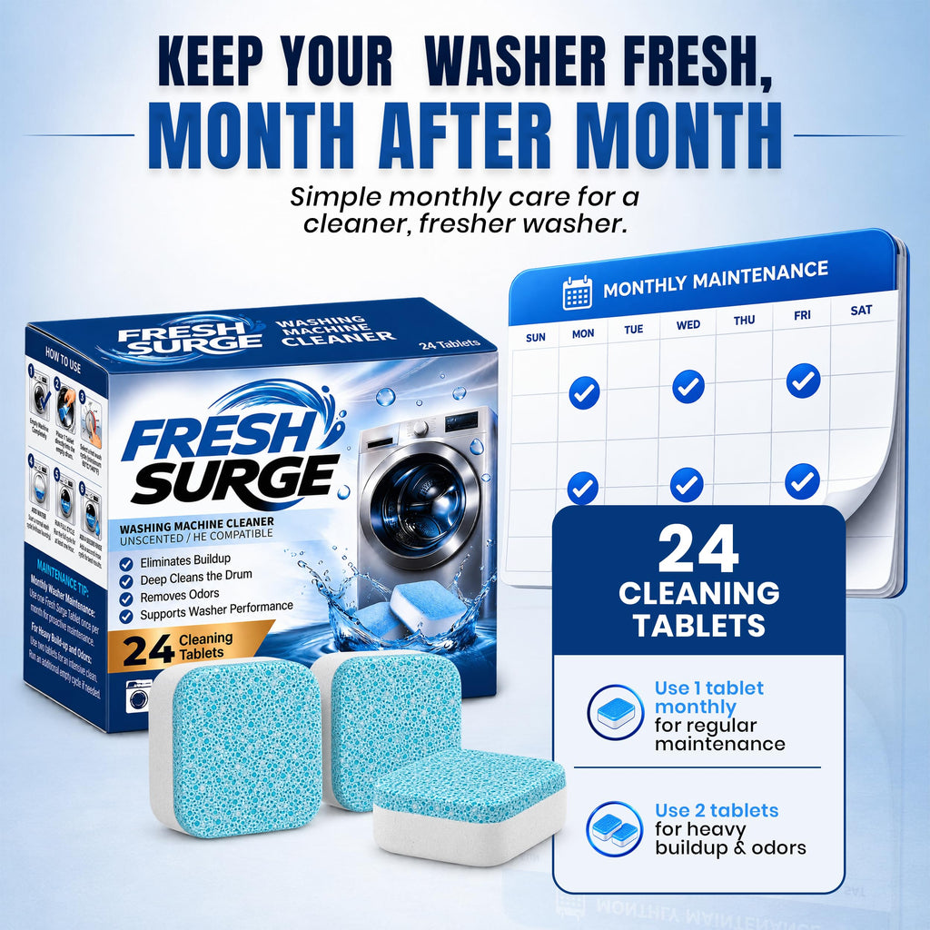Fresh Surge washing machine cleaner package and three blue cleaning tablets shown on a light blue background, with a monthly maintenance calendar graphic and text stating 24 cleaning tablets.