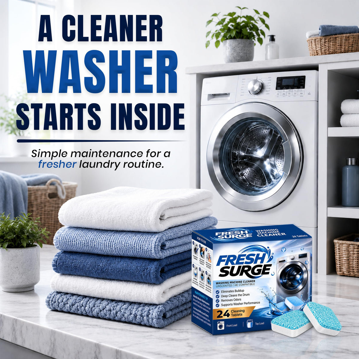 Fresh Surge laundry detergent cleaner box displayed on a marble countertop next to a stack of folded white and blue towels, with a washing machine and laundry room background. Large text reads 'A CLEANER WASHER STARTS INSIDE'.