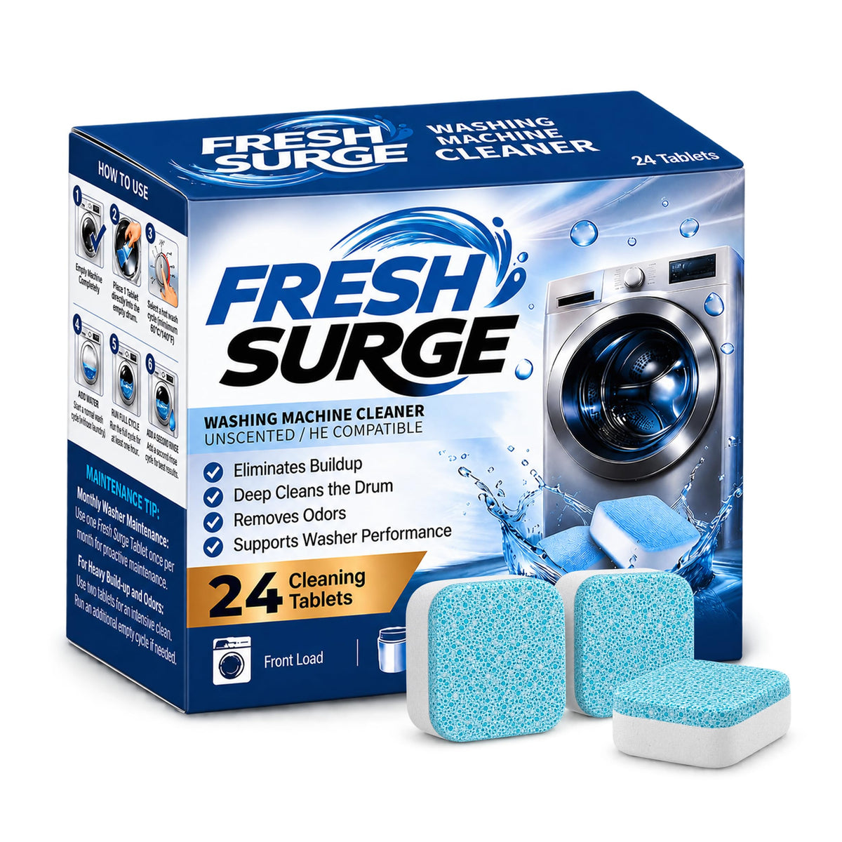 Fresh Surge Washing Machine Cleaner box with three blue cleaning tablets in front, shown on a clean white background. The packaging is blue and white with a graphic of a washing machine and text indicating 24 tablets.