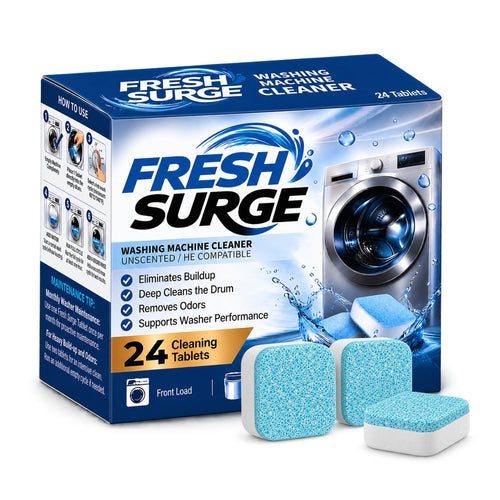 Fresh Surge Washing Machine Cleaner box with three blue cleaning tablets in front, shown on a clean white background. The packaging is blue and white with a graphic of a washing machine and text indicating 24 tablets.