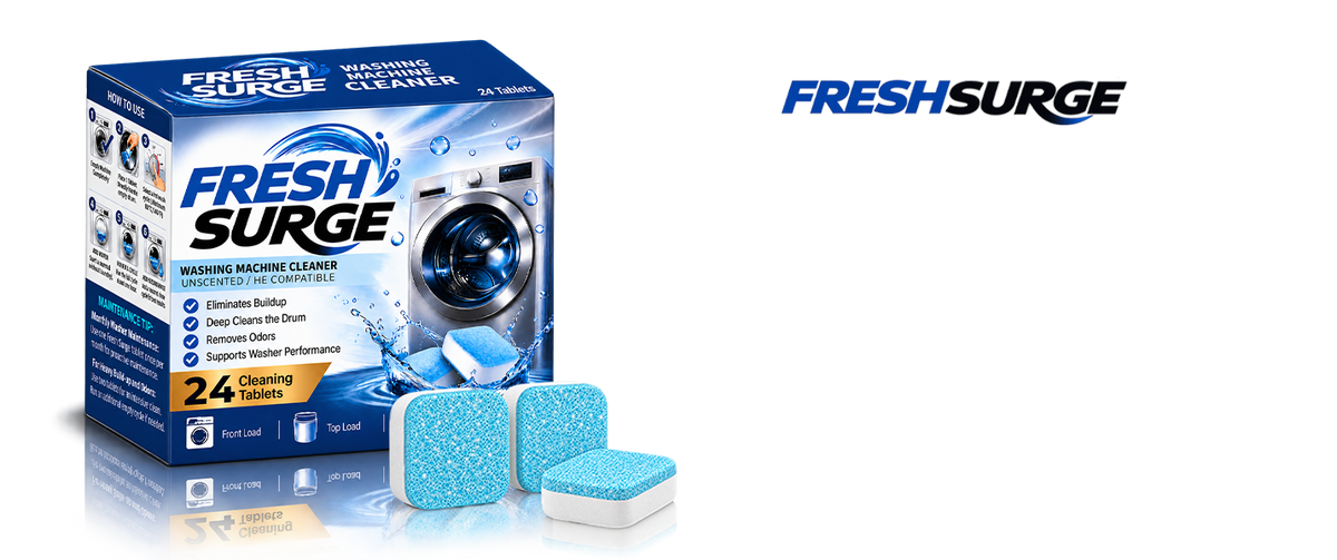 Fresh Surge Washing Machine Cleaner box shown next to three blue and white cleaning tablets on a white background, with the Fresh Surge logo printed in the upper right.