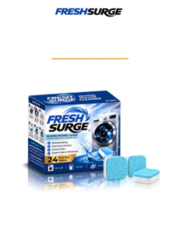 Fresh Surge laundry cleaner box shown with three blue cleaning tablets on a white background, with the Fresh Surge logo at the top.