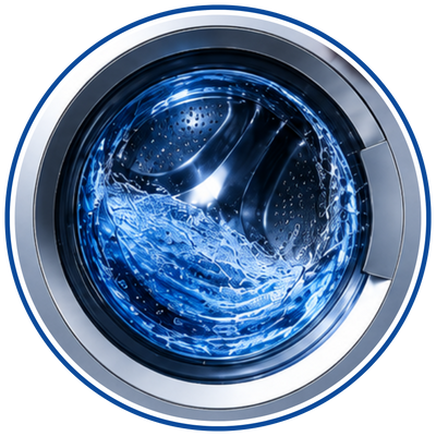 A circular close-up graphic of a front-loading washing machine door with blue water visible inside, shown on a transparent background.